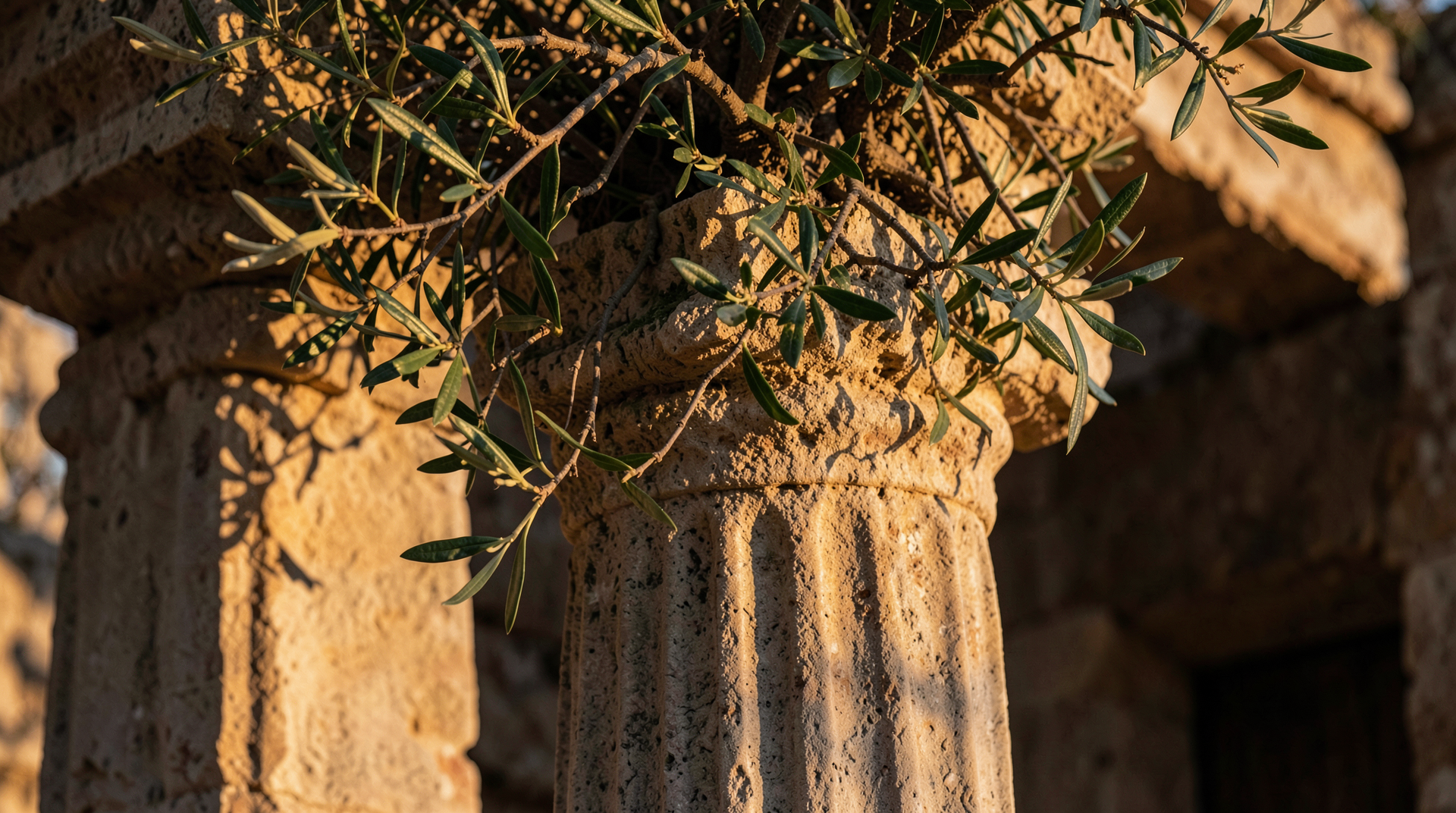 Ancient stone column with olive branches, golden light